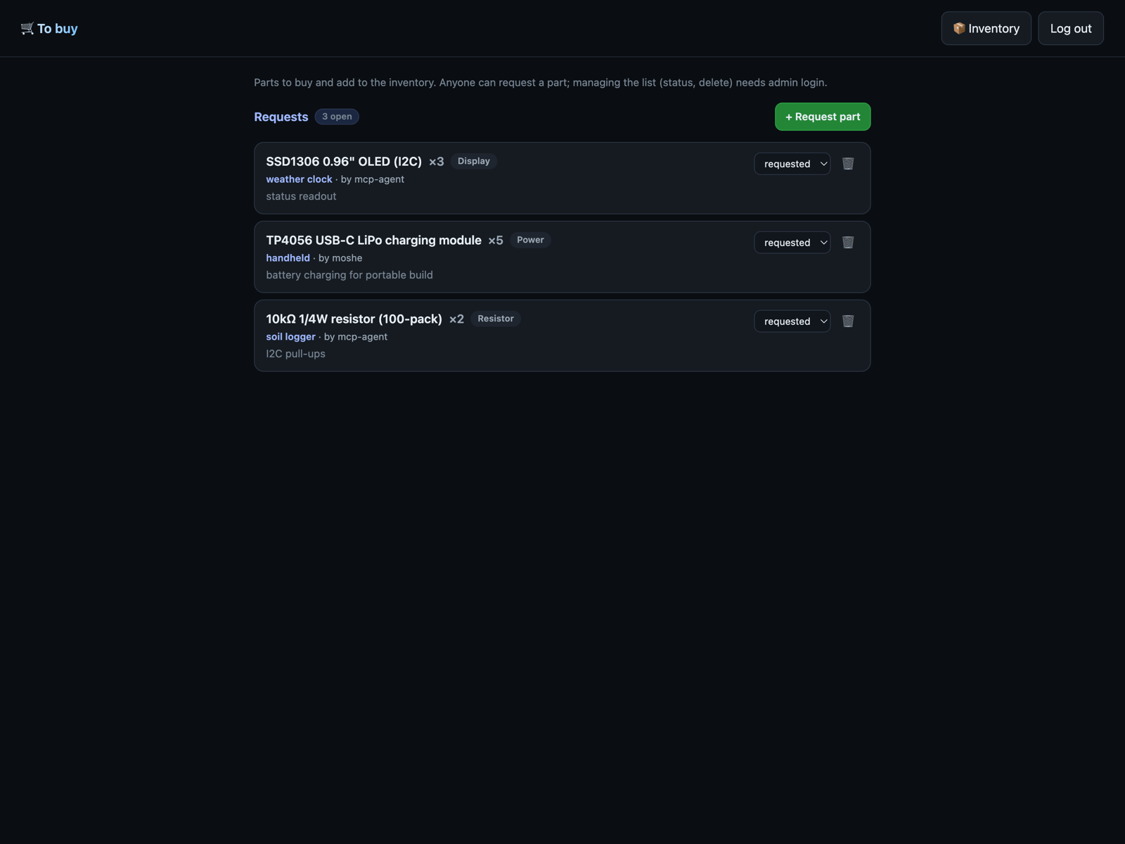 The to-buy page listing purchase requests with project, type, reason, quantity and a status dropdown.