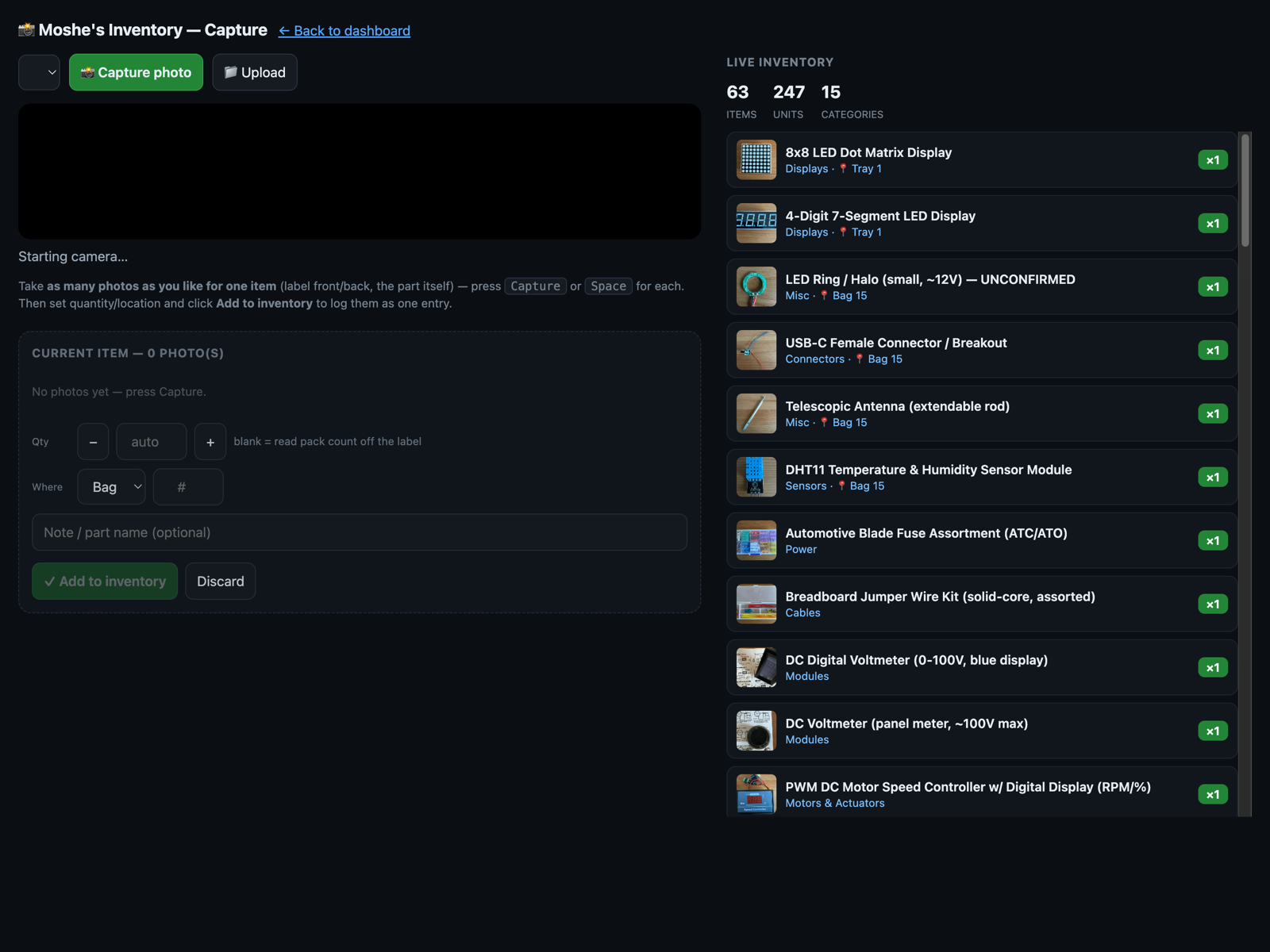 The capture page with a live camera view, a photo strip for the current item, and the running inventory beside it.